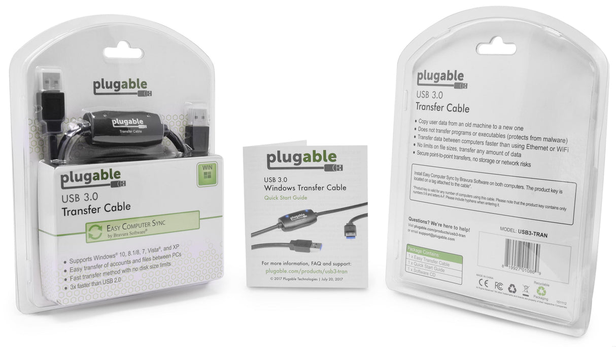 Plugable Technologies USB 3.0 Transfer Cable, Unlimited Use, Transfer Data Between 2 Windows PC's, Compatible with Windows 11, 10, 8.1, 8, 7, Vista, XP, Bravura Easy Computer Sync Software Included