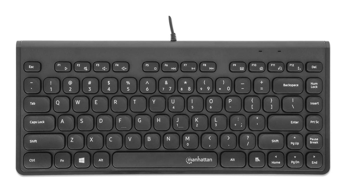 Manhattan Slim Wired USB Mini Keyboard, 12 Multimedia/Function Keys, Built-in 1.5 m (5 ft.) USB-A Cable, Compact, Low-Profile Format, for PC and Laptop, Black