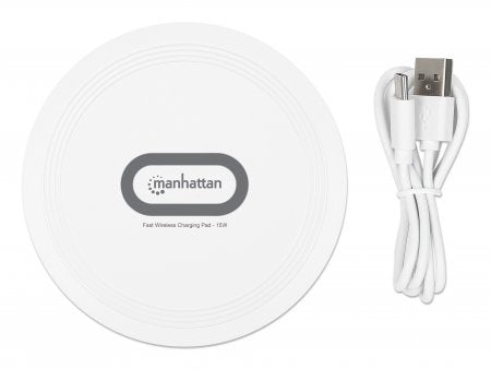 Manhattan Smartphone Wireless Charging Pad, Up to 15W charging (depends on device), QI certified, USB-C to USB-A cable included, USB-C input into pad, Cable 80cm, White, Three Year Warranty