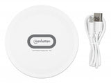 Manhattan Smartphone Wireless Charging Pad, Up to 15W charging (depends on device), QI certified, USB-C to USB-A cable included, USB-C input into pad, Cable 80cm, White, Three Year Warranty