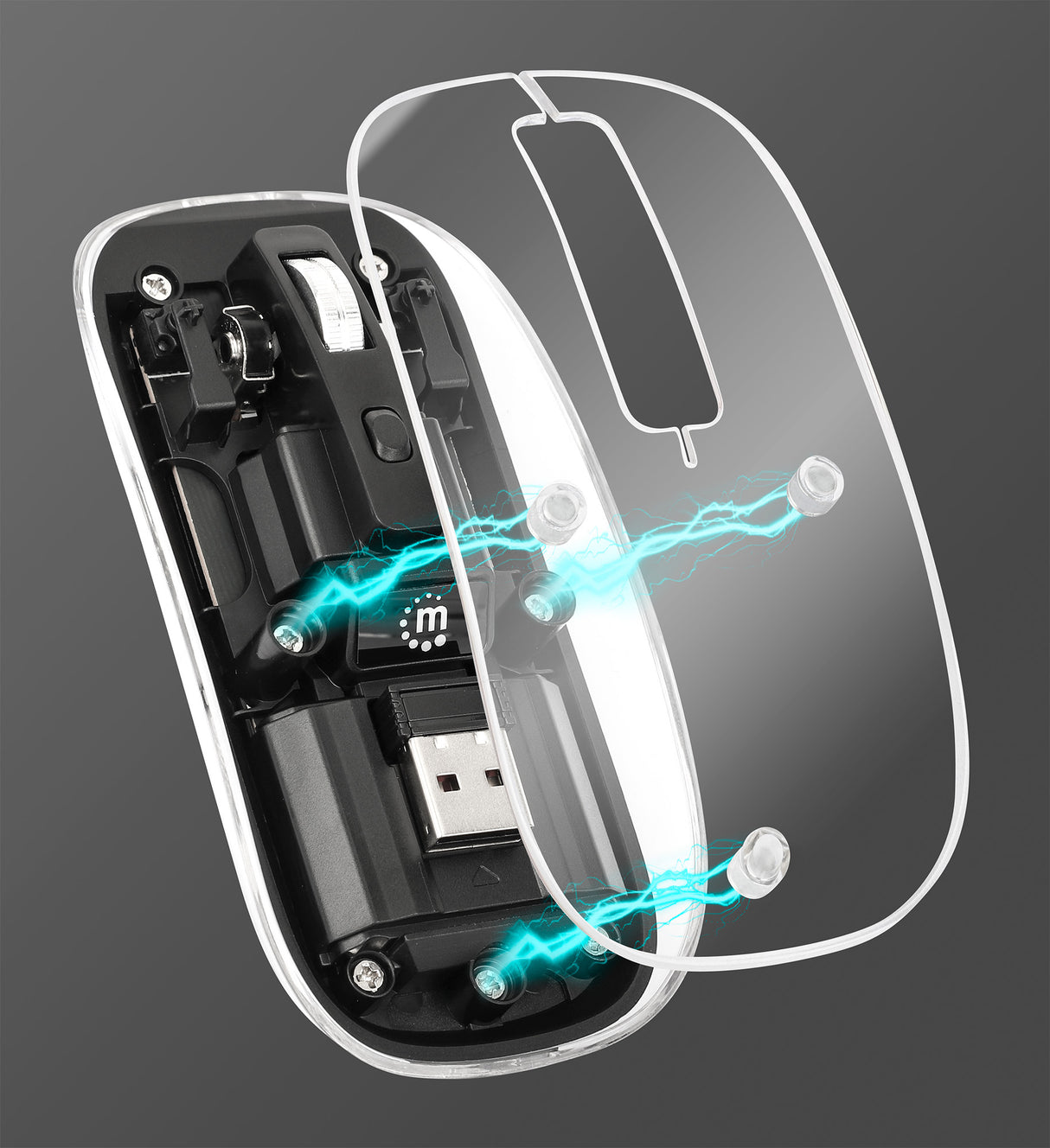 Manhattan Transparent Rechargeable Wireless Mouse, Clear/Black, Adjustable 800/1200/1600dpi, With RGB LED light, 2.4Ghz (effective range up to 10m), USB, Optical, Ambidextrous, Four Button with Scroll Wheel, Slim Design, USB-A micro receiver...