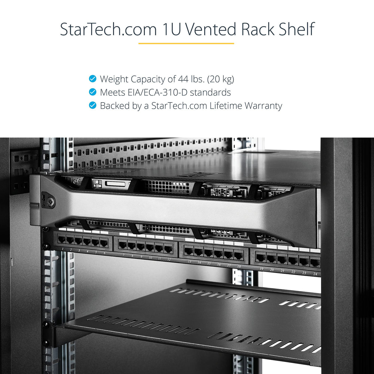 StarTech.com 2-Pack 1U Server Rack Shelf, Vented Rackmount Cantilever Tray for 19" Network Rack or Cabinet, Heavy-Duty 10" (25cm) Deep, Up to 44lb (20kg) Each