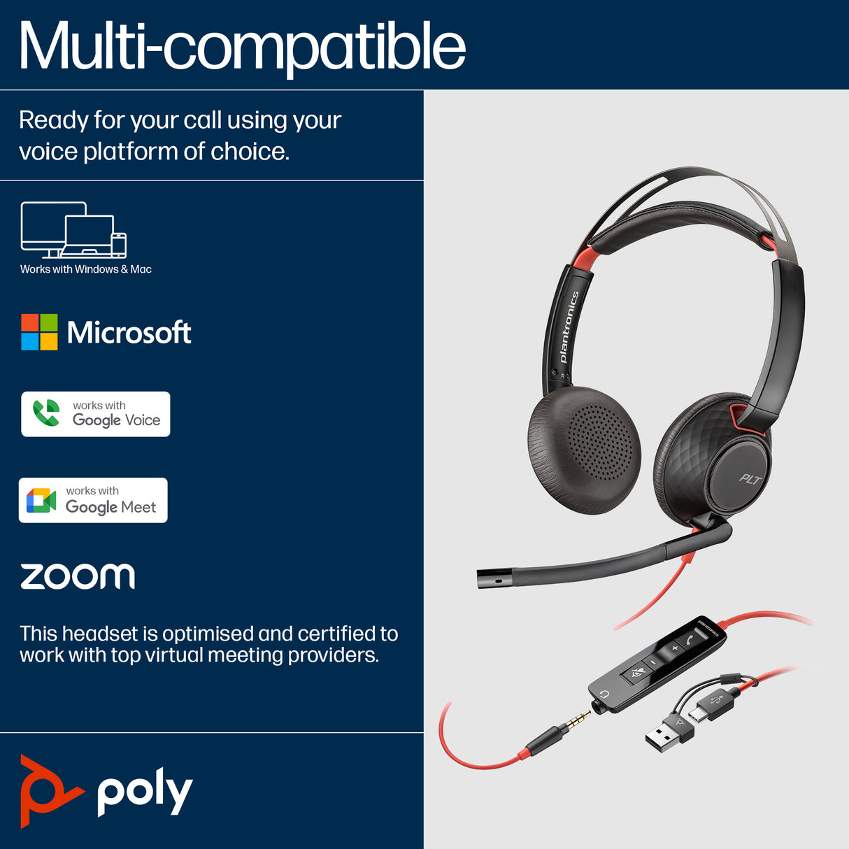 HP Poly Blackwire 5220 Stereo USB-C Headset +3.5mm Plug +USB-C/A Adapter (Bulk)