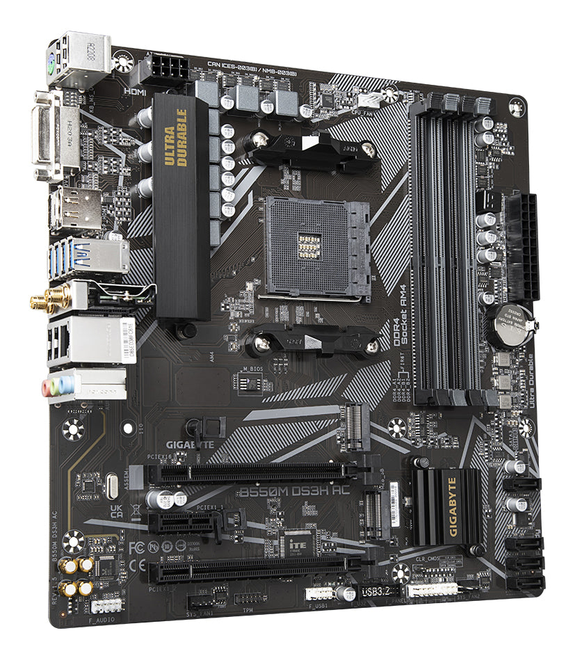 GIGABYTE B550M DS3H AC Motherboard - AMD Ryzen 5000 CPUs, 5+3 Phases VRM, up to 4733MHz DDR4, 1xPCIe 4.0 + 1xPCIe 3.0 M.2, Wi-Fi 5, 1GbE LAN, USB 3.2 Gen 1