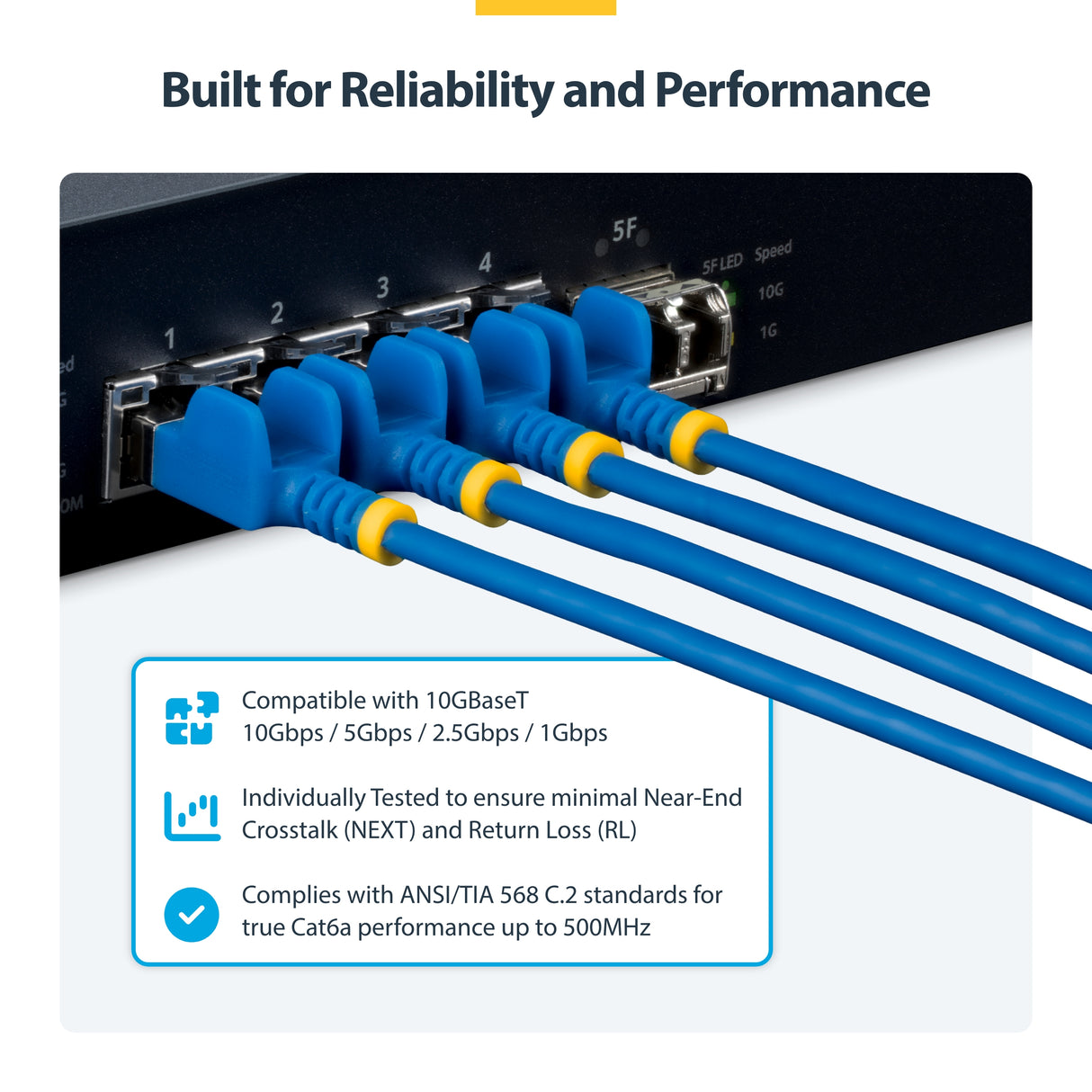 StarTech.com 2ft Blue Ultra Slim Cat6A Ethernet Cable, Snagless, FTP, Pure Bare Copper Wire, 34AWG Slim RJ45 Network Patch Cord, Individually Tested