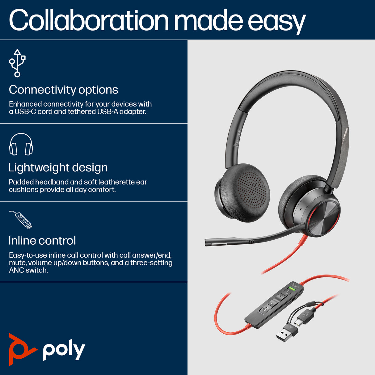 HP Poly Blackwire 8225 Stereo USB-C Headset +USB-C/A Adapter