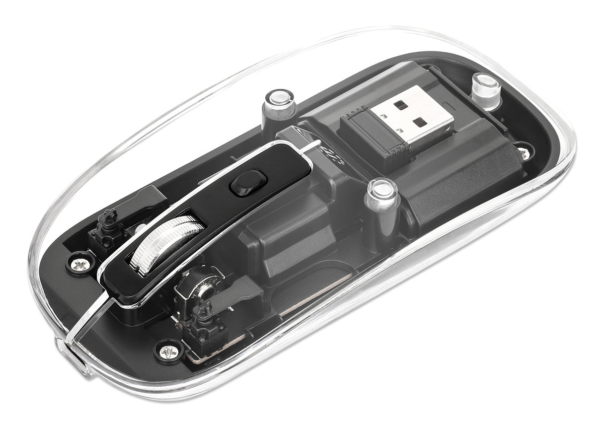 Manhattan Transparent Rechargeable Wireless Mouse, Clear/Black, Adjustable 800/1200/1600dpi, With RGB LED light, 2.4Ghz (effective range up to 10m), USB, Optical, Ambidextrous, Four Button with Scroll Wheel, Slim Design, USB-A micro receiver...