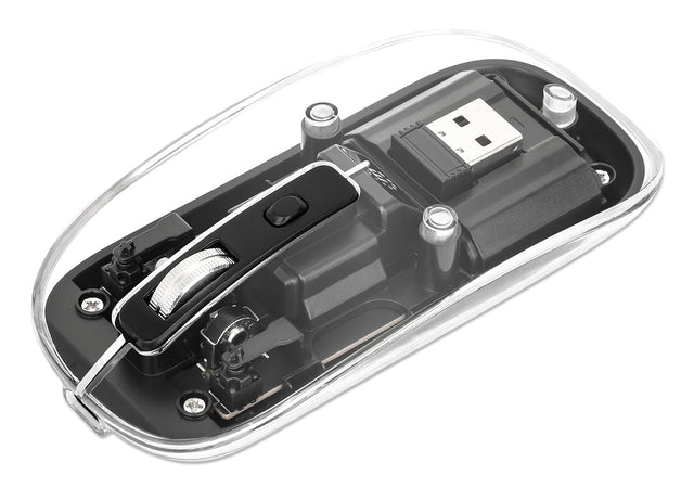 Manhattan Transparent Rechargeable Wireless Mouse, Clear/Black, Adjustable 800/1200/1600dpi, With RGB LED light, 2.4Ghz (effective range up to 10m), USB, Optical, Ambidextrous, Four Button with Scroll Wheel, Slim Design, USB-A micro receiver...