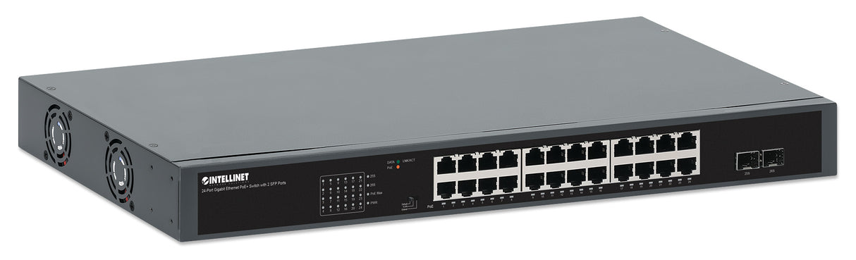 Intellinet 24-Port Gigabit Ethernet PoE+ Switch with 2 SFP Ports IEEE 802.3at/af (PoE+/PoE) Compliant, 370 W PoE Power Budget, Two 1G SFP Open Slots, Self-Healing Network, 19" Rackmount