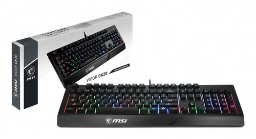 MSI VIGOR GK20 RGB Gaming Keyboard ' UK Layout, Membrane switches, Rainbow RGB Lighting effect, Ergonomic keycaps, Hotkeys for media and lighting control, water repellent keyboard design'