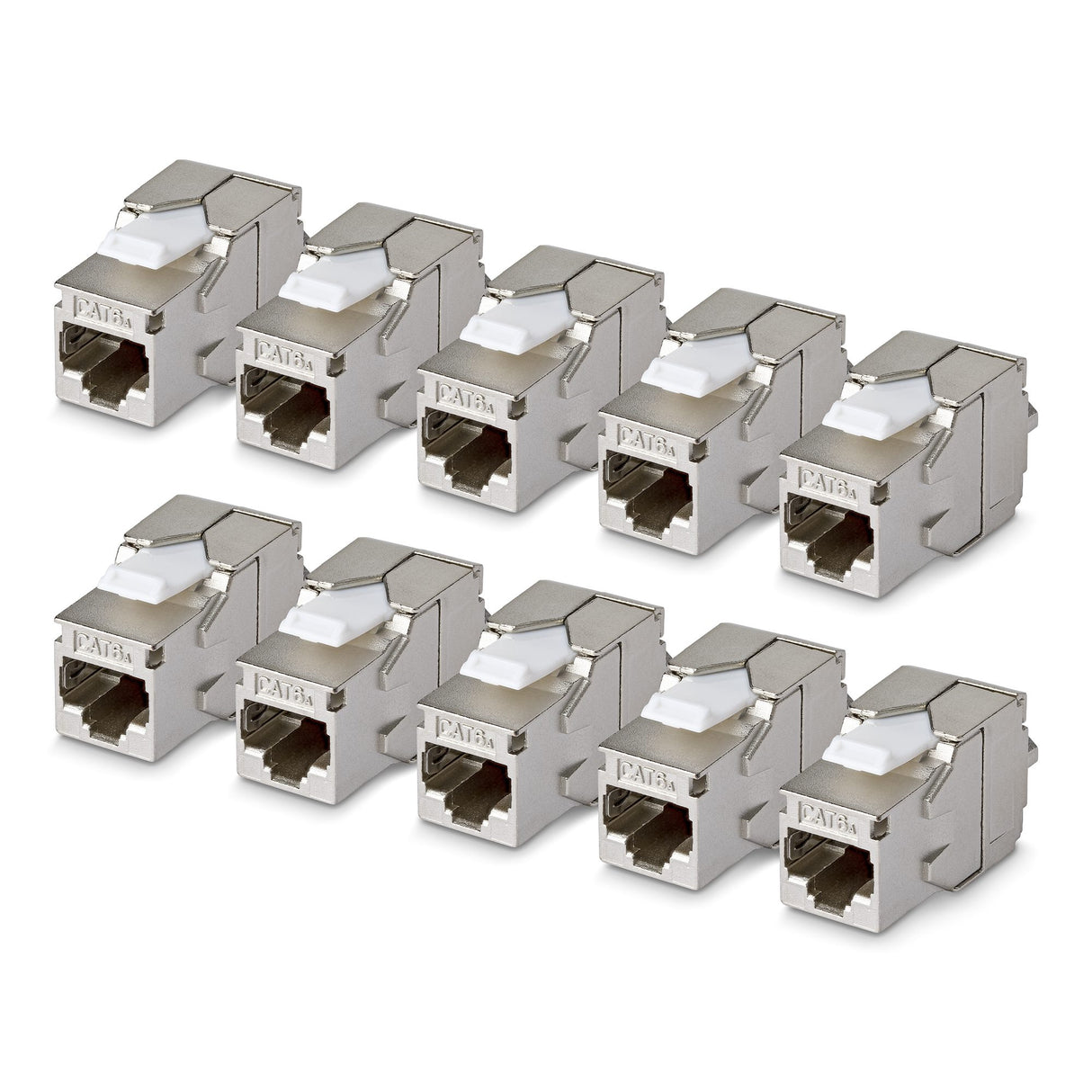 StarTech.com Shielded Cat6a Keystone Jack, 10-Pack RJ45 Ethernet Keystone Jacks, STP Cat6a Wall Jack, 180-Degree Toolless