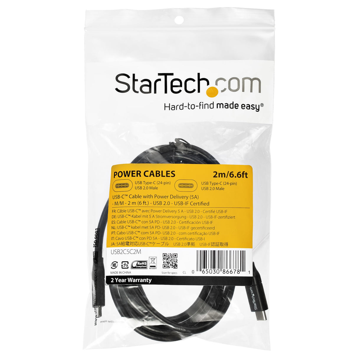 StarTech.com 6.6ft (2m) USB-C Fast Charging Cable, Charge & Sync, 100W (5A) PD, USB 2.0, USB-IF Certified - Black USB C Charging Cord