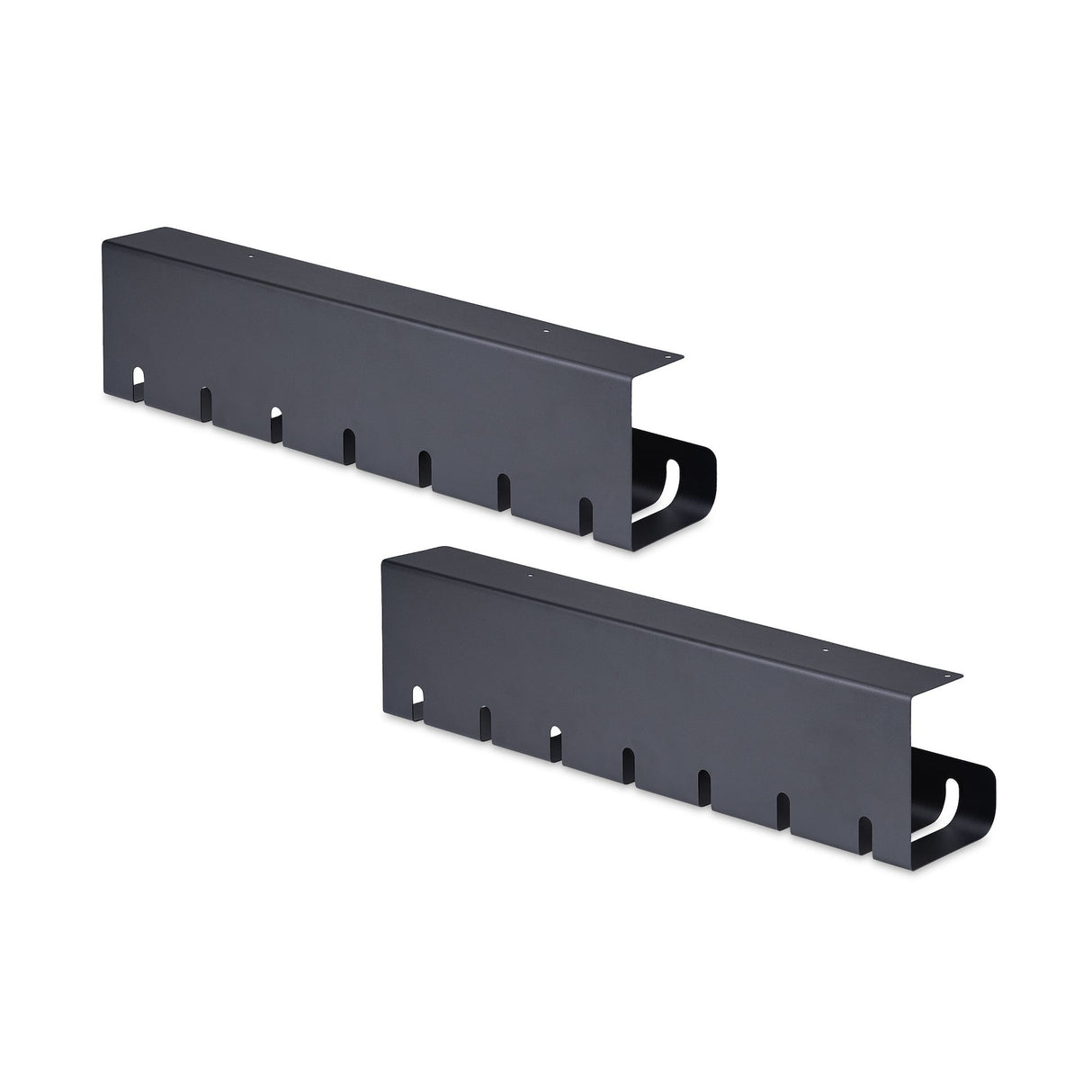 StarTech.com 2-Pack Under Desk Cable Management Tray, 42" Long (21" Per Tray), Metal Slotted Style Cable Organizer, Screw-On Install, Power Bar Holder, Black, TAA