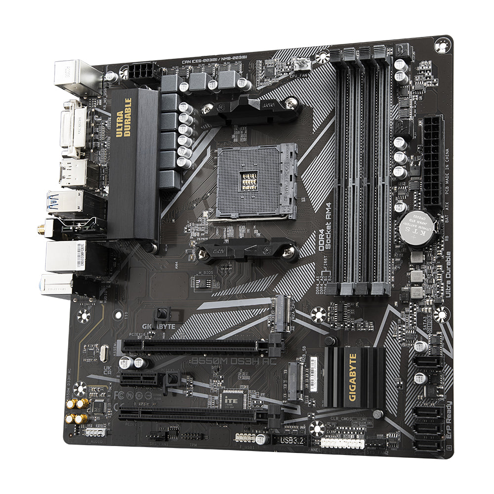 GIGABYTE B550M DS3H AC Motherboard - AMD Ryzen 5000 CPUs, 5+3 Phases VRM, up to 4733MHz DDR4, 1xPCIe 4.0 + 1xPCIe 3.0 M.2, Wi-Fi 5, 1GbE LAN, USB 3.2 Gen 1