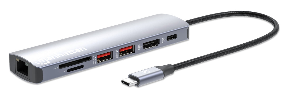 Manhattan USB-C Dock/Hub with Card Reader, Ports (x5): Ethernet, HDMI, USB-A (x2) and USB-C, with Power Delivery (PD) 100W- requires external USB-C charger (not included). USB powered (no external power supply required) when PD is not in use