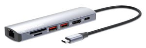 Manhattan USB-C Dock/Hub with Card Reader, Ports (x5): Ethernet, HDMI, USB-A (x2) and USB-C, with Power Delivery (PD) 100W- requires external USB-C charger (not included). USB powered (no external power supply required) when PD is not in use