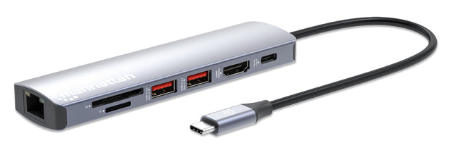 Manhattan USB-C Dock/Hub with Card Reader, Ports (x5): Ethernet, HDMI, USB-A (x2) and USB-C, with Power Delivery (PD) 100W- requires external USB-C charger (not included). USB powered (no external power supply required) when PD is not in use