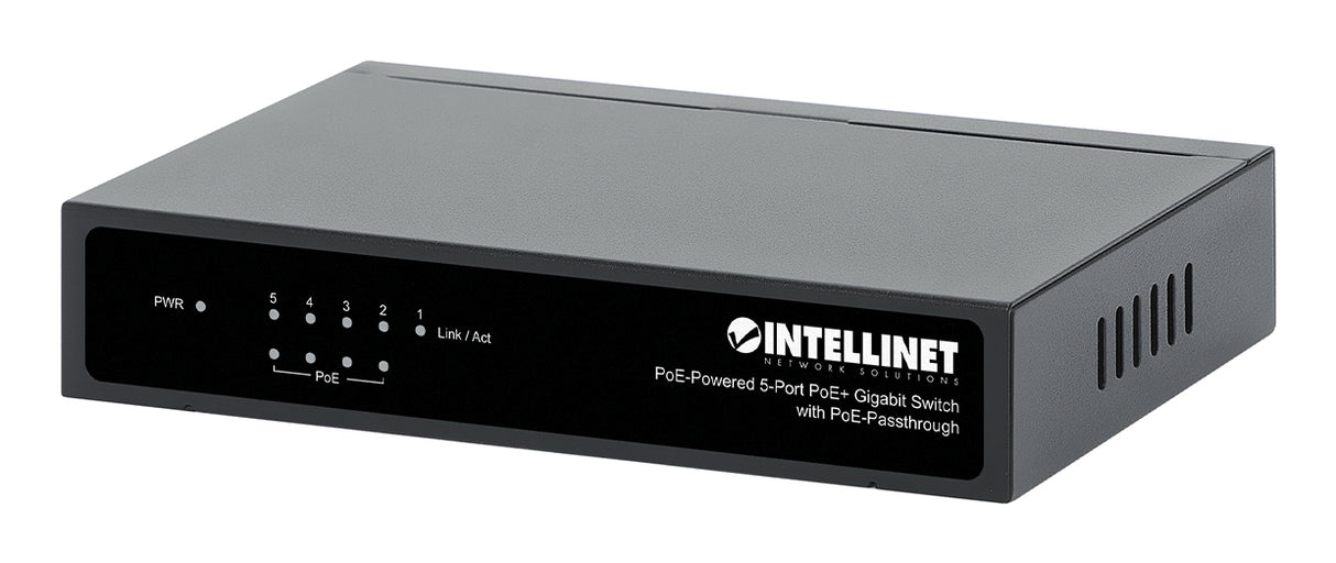 Intellinet 5-Port Gigabit Switch with PoE Passthrough, 4 x PSE PoE ports, 1 x PD PoE port, IEEE 802.3at/af Power-over-Ethernet (PoE+/PoE), IEEE 802.3az Energy Efficient Ethernet, Desktop