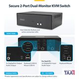 StarTech.com Secure 2-Port Dual-Monitor KVM Switch, DisplayPort, 4K 60Hz, NIAP 4.0 Desktop KVM, Metal Housing, Made in the USA