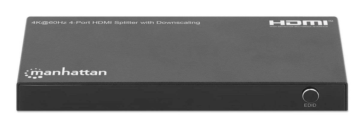 Manhattan HDMI Splitter with downscaling 4-Port , 4K@60Hz, Displays output from x1 HDMI source to x4 HD displays (same output to four displays), Downscale button to adjust a 4K input signal into 1080p, Micro-USB to USB-A power cable included (cable...