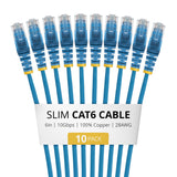 StarTech.com 6in Blue Slim CAT6 Cable, 10 Pack, Snagless, 100W PoE, UTP, LSZH, 28AWG Pure Bare Copper Wire, Slim RJ45 Network Patch Cord w/Strain Reliefs, Individually Tested