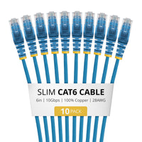 StarTech.com 6in Blue Slim CAT6 Cable, 10 Pack, Snagless, 100W PoE, UTP, LSZH, 28AWG Pure Bare Copper Wire, Slim RJ45 Network Patch Cord w/Strain Reliefs, Individually Tested