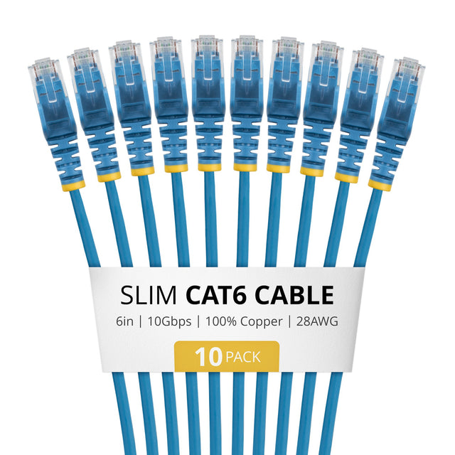StarTech.com 6in Blue Slim CAT6 Cable, 10 Pack, Snagless, 100W PoE, UTP, LSZH, 28AWG Pure Bare Copper Wire, Slim RJ45 Network Patch Cord w/Strain Reliefs, Individually Tested