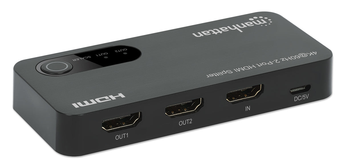 Manhattan 4K@60Hz 2-Port HDMI Splitter Splits One HDMI Input to Two HDMI Outputs (1x2), 18G, Micro-USB input for power, EDID Switch for Downscaling to 1080p, Black, 3 year warranty