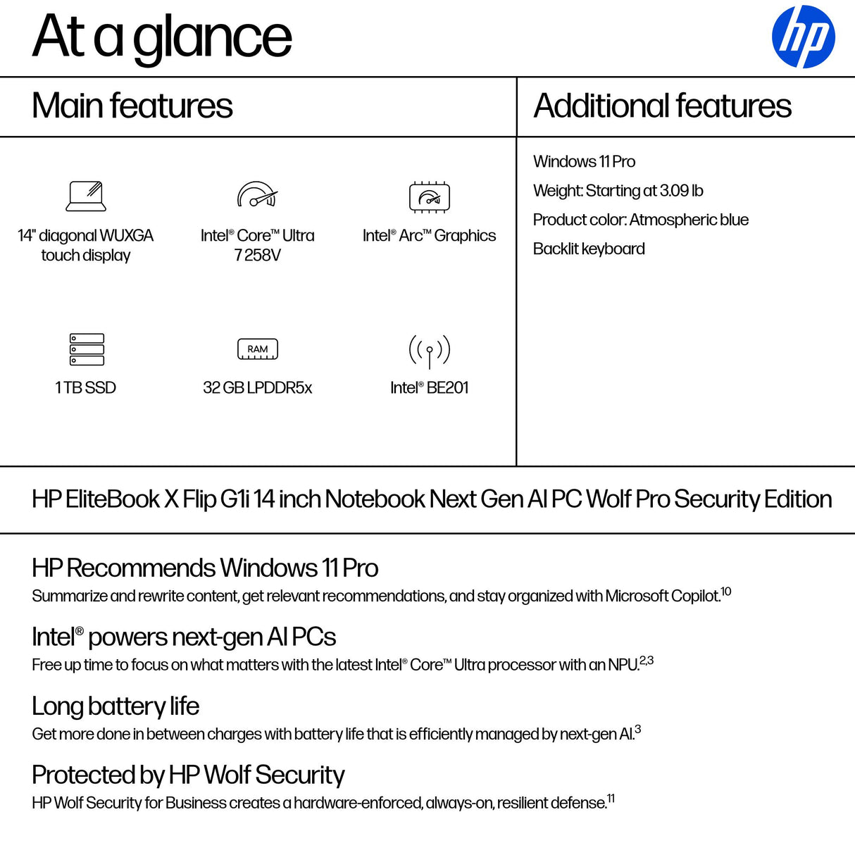 HP EliteBook X Flip G1i AI PC Copilot+ PC Intel Core Ultra 7 258V Hybrid (2-in-1) 35.6 cm (14") Touchscreen WUXGA 32 GB LPDDR5x-SDRAM 1 TB SSD Wi-Fi 7 (802.11be) Windows 11 Pro Silver
