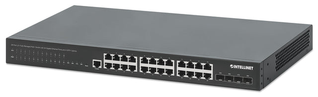 Intellinet 28-Port L2+ Fully Managed PoE+ Switch with 24 Gigabit Ethernet Ports and 4 SFP+ Uplinks IEEE 802.3at/af (PoE+/PoE) Compliant, 370 W PoE Power Budget, Layer 2+/Layer 3 Lite, Four 10G SFP+ Open Slots, Self-Healing Network, 19" Rackmount