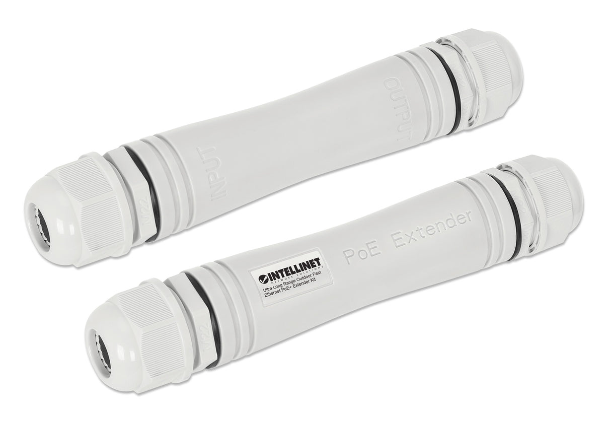 Intellinet Ultra Long Range Outdoor Fast Ethernet PoE+ Extender Kit Extends PoE up to 1000 m (3280 ft.), One PD Port up to 95 W, IEEE 802.3bt (4PPoE) Compatible, IP67 Waterproof and Dustproof, Set of Two Modules, Plastic, Gray