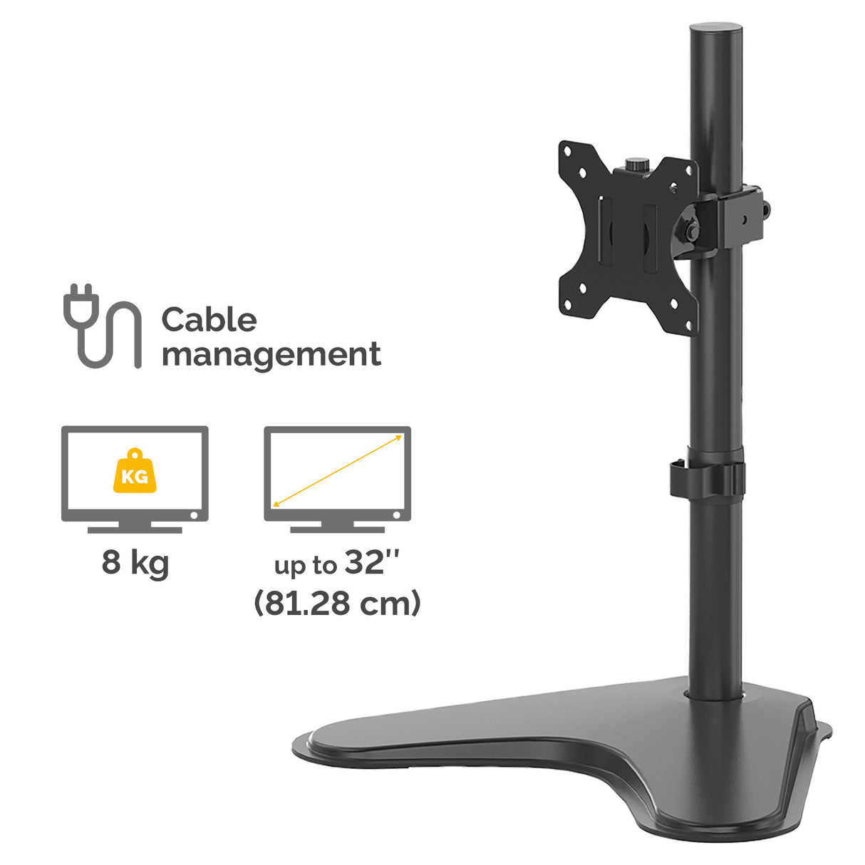 Fellowes Seasa Single Monitor Arm - Freestanding Monitor Mount for 8KG 32 inch Screens - Ergonomic Adjustable Monitor Arm - Tilt 45° Pan 120° Rotation 360°, VESA 75 x 75/100 x 100 - Black