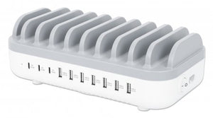 Manhattan Charging Station, 10x Ports: 3x USB-C (up to 18W PD) and 7x USB-A (up to 12W), 120W Total Output, White/Grey, Three Year Warranty