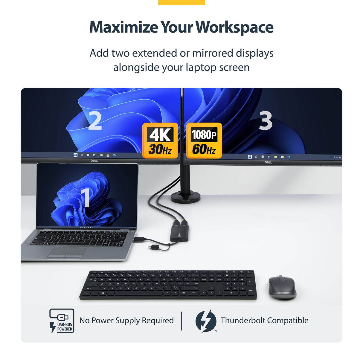 StarTech.com USB to Dual HDMI Adapter, USB A/C to 2x HDMI Displays (1x 4K30Hz, 1x 1080p), 4.3in/11cm Cable, USB 3.0 to HDMI Display Adapter, Windows/macOS, Black