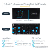 StarTech.com 2-Port Dual-Monitor DisplayPort KVM Switch, 4K 60Hz, 2x USB 5Gbps Hub Ports, 2x USB 2.0 HID Ports, Hotkey and Push-Button Switching, TAA Compliant - 3.5mm Audio, HDCP