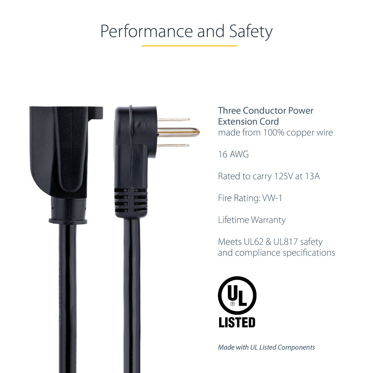 StarTech.com 1ft (30cm) Power Extension Cord, Right Angle NEMA 5-15P to NEMA 5-15R, 13A 125V, 16AWG, Black Computer Power Extension Cord, AC Outlet Extension Cable, UL Listed