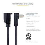 StarTech.com 1ft (30cm) Power Extension Cord, Right Angle NEMA 5-15P to NEMA 5-15R, 13A 125V, 16AWG, Black Computer Power Extension Cord, AC Outlet Extension Cable, UL Listed