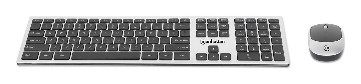Manhattan One Single USB-A Nano Receiver for Both, Full-Size Wireless Keyboard, Ambidextrous Optical Mouse with Three Buttons and Scroll Wheel, 1200 dpi, Silver/Black
