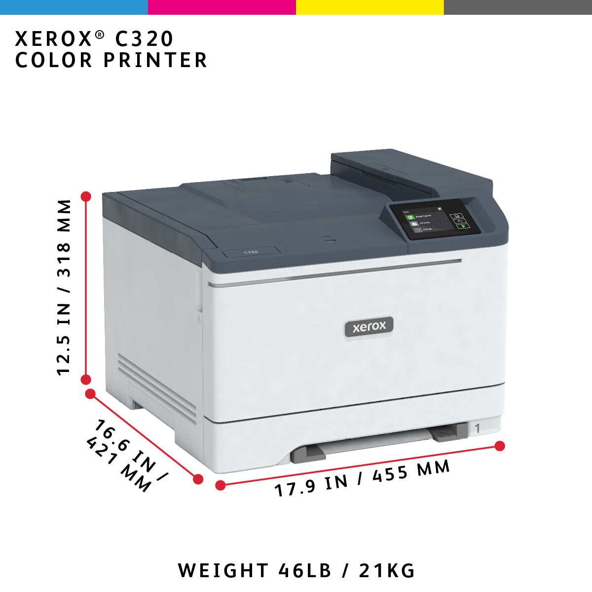 Xerox C320 A4 33ppm Wireless Duplex Printer PS3 PCL5e/6 2 Trays Total 251 Sheets