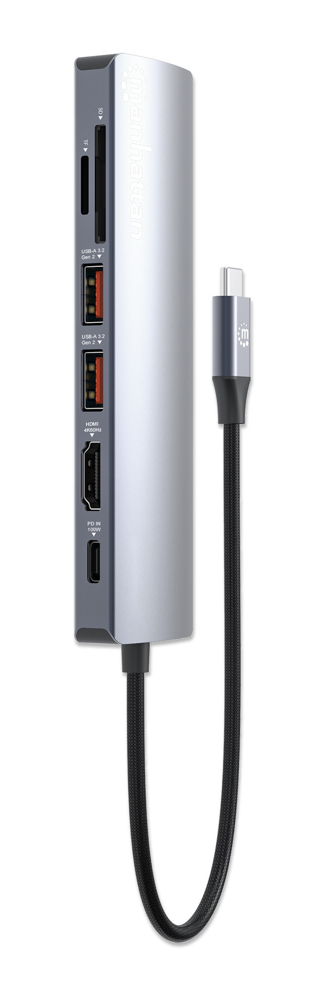 Manhattan USB-C Dock/Hub with Card Reader, Ports (x5): Ethernet, HDMI, USB-A (x2) and USB-C, with Power Delivery (PD) 100W- requires external USB-C charger (not included). USB powered (no external power supply required) when PD is not in use