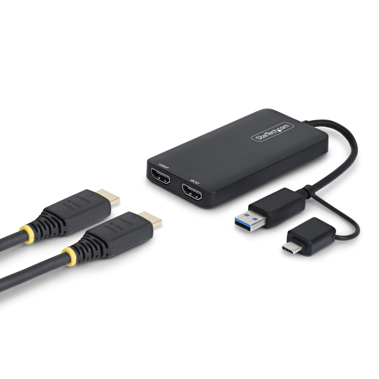 StarTech.com USB to Dual HDMI Adapter, USB A/C to 2x HDMI Displays (1x 4K30Hz, 1x 1080p), 4.3in/11cm Cable, USB 3.0 to HDMI Display Adapter, Windows/macOS, Black