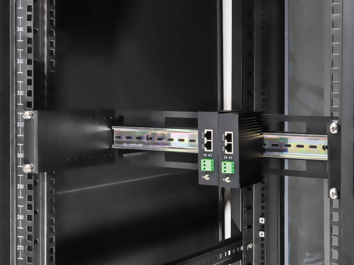 Intellinet Adjustable 19" Rackmount DIN Rail Kit, 2U, Chassis to Mount Top Hat DIN Rail Equipment in a 19 in. Rack, Adjustable Rail Depth of 48 to 174 mm, Aluminum, Black RAL 9005
