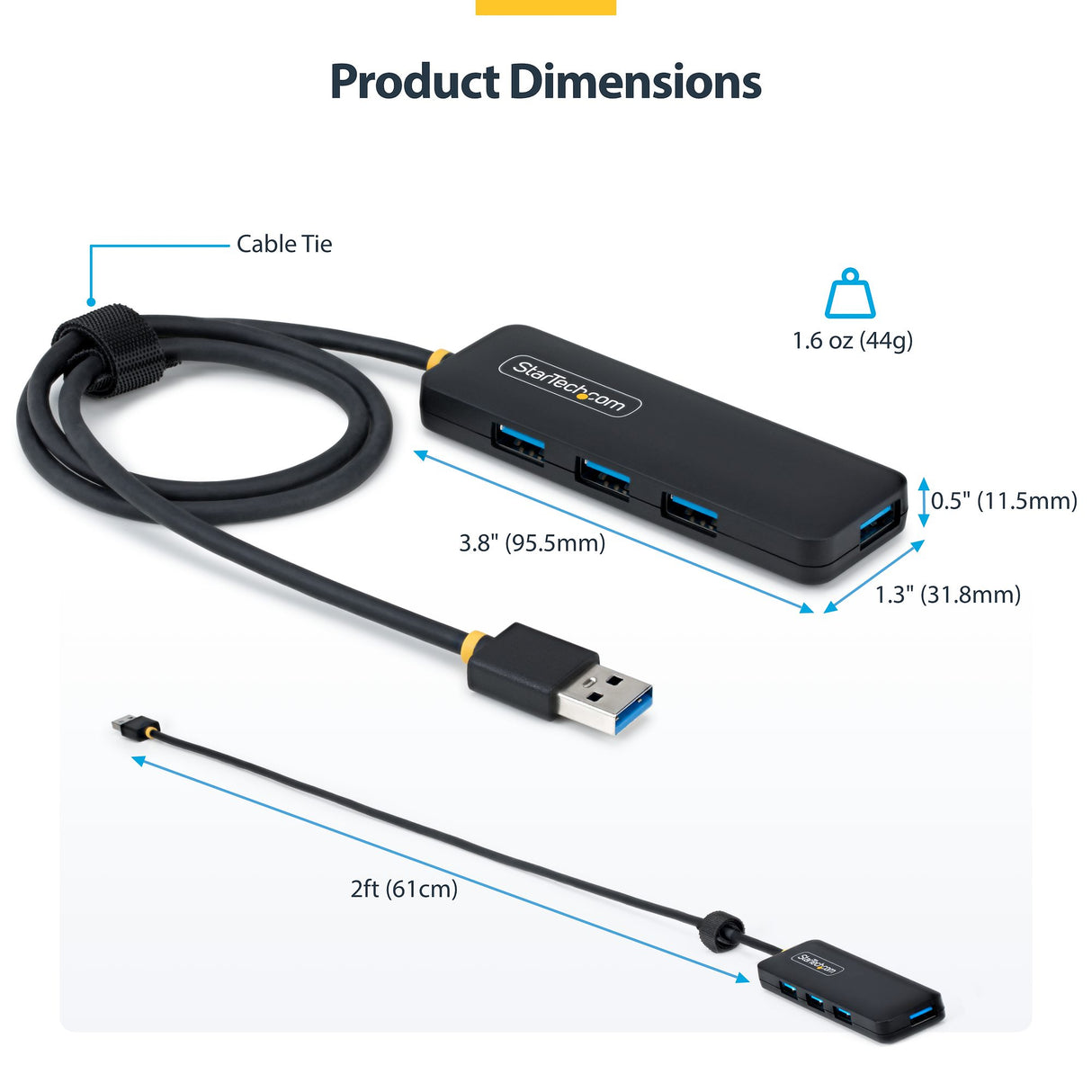 StarTech.com 4-Port USB-A Hub, 5Gbps, Bus Powered, USB-A to 4x USB-A Mini Hub, Extra Long 2ft/61cm Host Cable, PCR Plastic, Portable Desktop / Laptop USB Hub