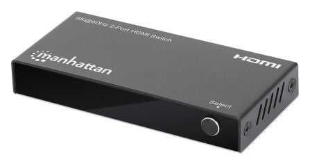Manhattan HDMI Switch 2-Port, 8K@60Hz, Connects x2 HDMI sources to x1 display, Automatic Switching, Includes Micro-USB to USB-A power cable, Black, Three Year Warranty
