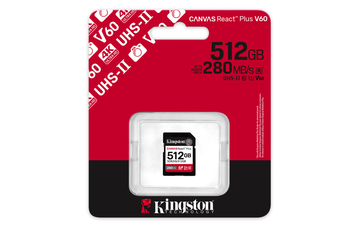 Kingston Technology 512GB Canvas React Plus SDXC UHS-II 280R/150W U3 V60 for Full HD/4K
