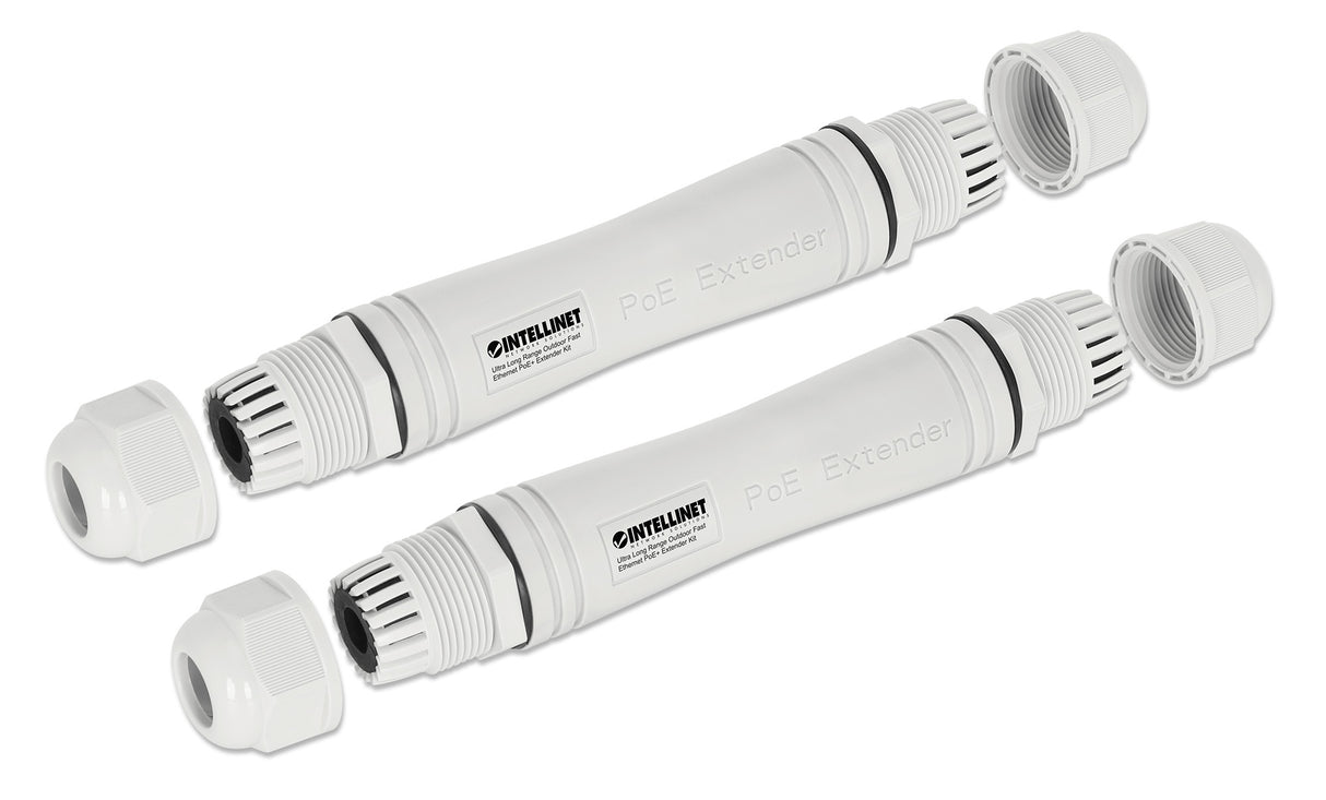 Intellinet Ultra Long Range Outdoor Fast Ethernet PoE+ Extender Kit Extends PoE up to 1000 m (3280 ft.), One PD Port up to 95 W, IEEE 802.3bt (4PPoE) Compatible, IP67 Waterproof and Dustproof, Set of Two Modules, Plastic, Gray