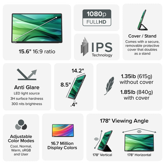Plugable Technologies USBC-PDMON portable TV/monitor Portable monitor Black 39.6 cm (15.6") LCD 1920 x 1080 pixels