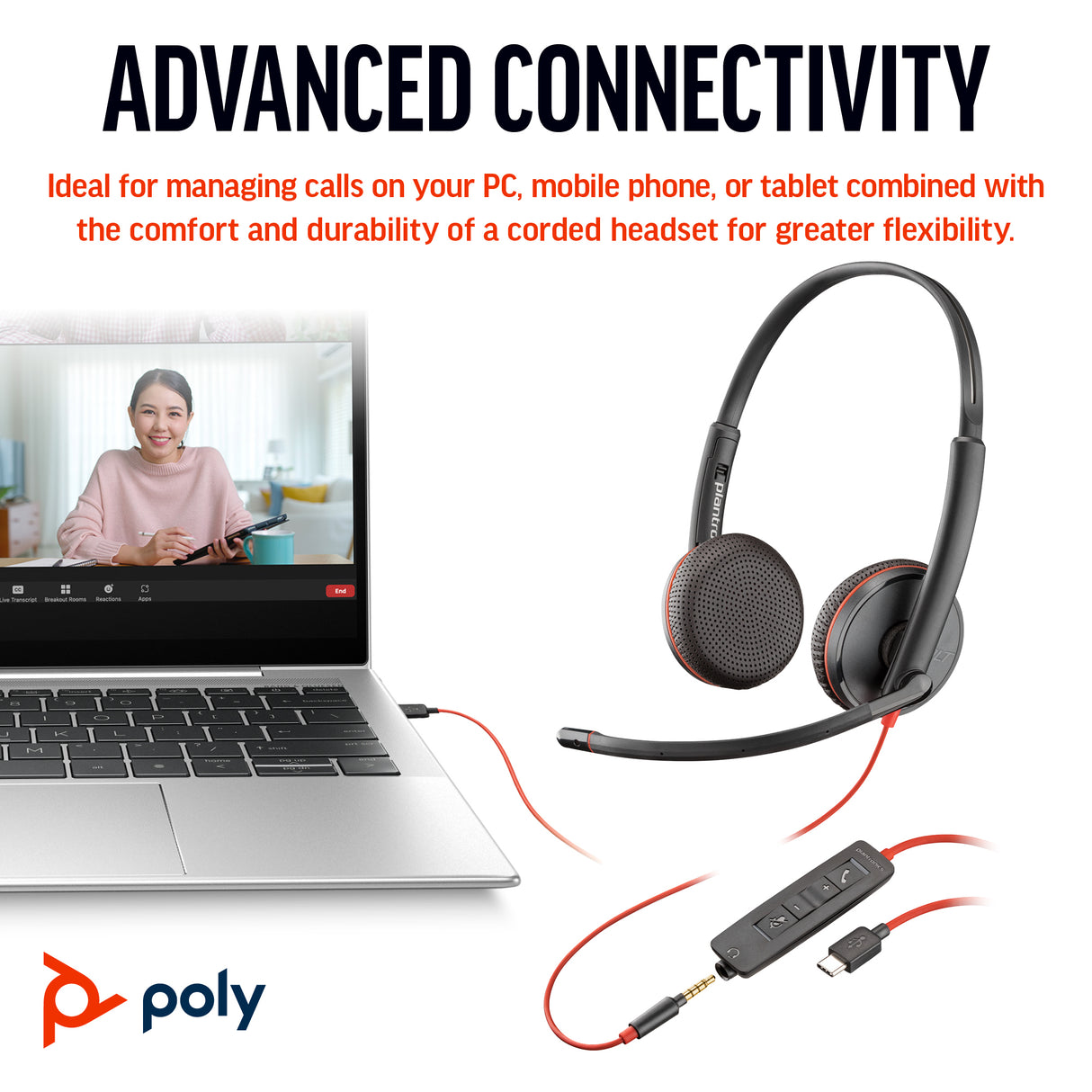 HP Poly Blackwire 3225 Stereo USB-C Headset +3.5mm Plug +USB-C/A Adapter