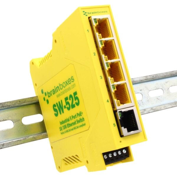 Brainboxes SW-525 network switch Unmanaged Fast Ethernet (10/100) Power over Ethernet (PoE) DIN rail Yellow