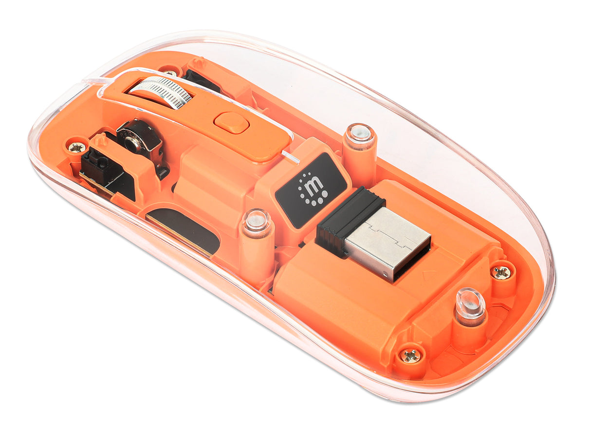 Manhattan Transparent Rechargeable Wireless Mouse, Clear/Orange, Adjustable 800/1200/1600dpi, With RGB LED light, 2.4Ghz (effective range up to 10m), USB, Optical, Ambidextrous, Four Button with Scroll Wheel, Slim Design, USB-A micro receiver...